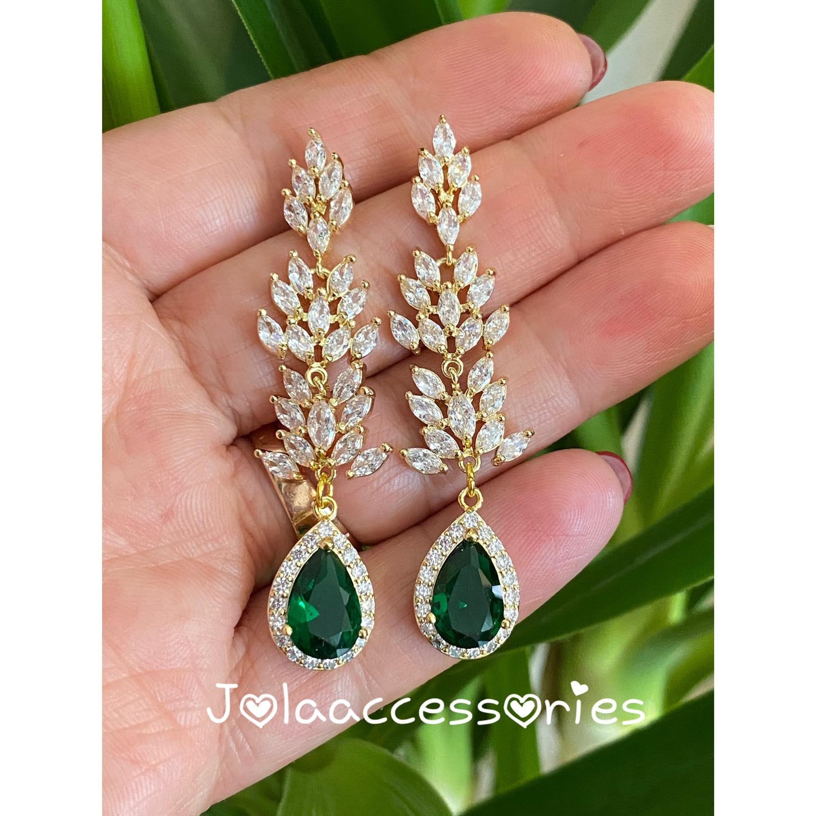 Zirconia Gold Emerald Green Bridal Wedding Earrings Vintage Style Cubic Zirconia Earrings Crystal Earrings Bride Jewellery Art Deco Gold