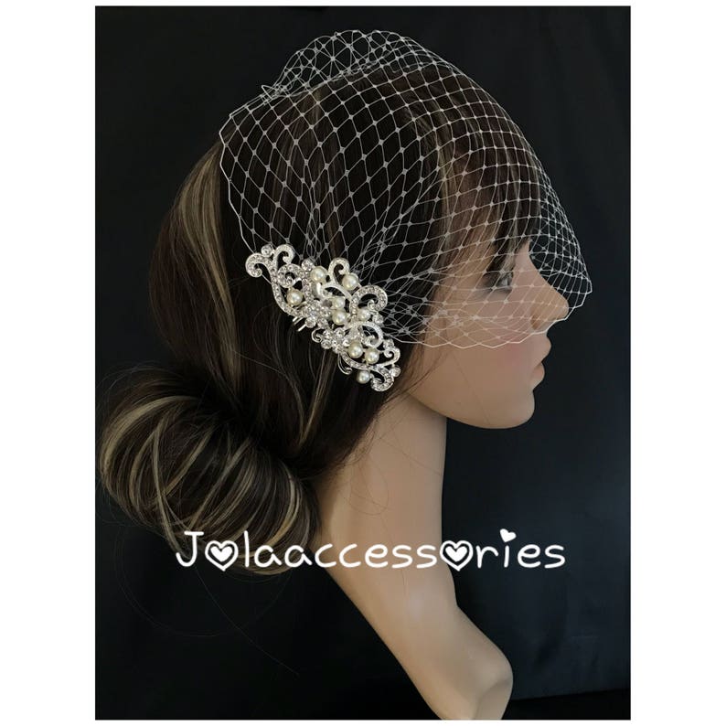 Wedding bridal birdcage bird cage veil blusher veil vintage style Art Deco crystal pearl comb crystal pearl comb Great gatsby style bandeau image 1