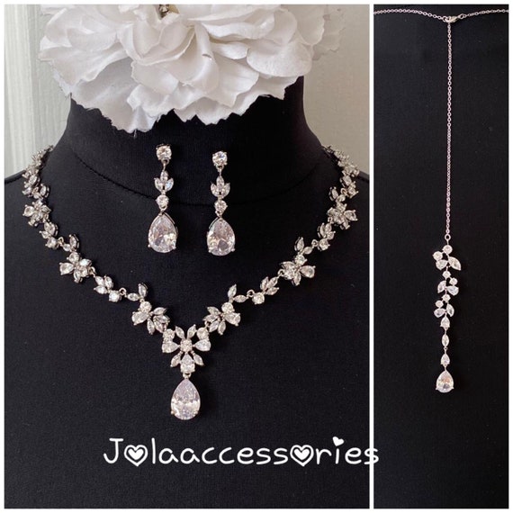 white gold plated Cubic zirconia back necklace wedding bridal backdrop necklace bridal jewellery wedding jewellery bridesmaid cz drop