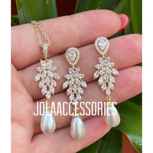Light ivory  pearl gold wedding   bridal necklace earrings jewellery set jewelry zircon jewellery bridesmaid bridal jewelry necklace bridal