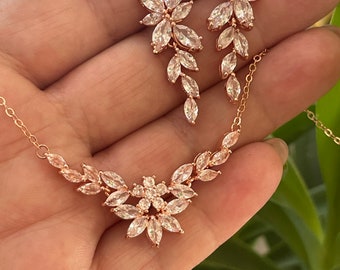 Rose gold silver  wedding  bridal necklace earrings jewellery set jewelry zircon jewellery bridesmaid bridal jewelry necklace bridal set