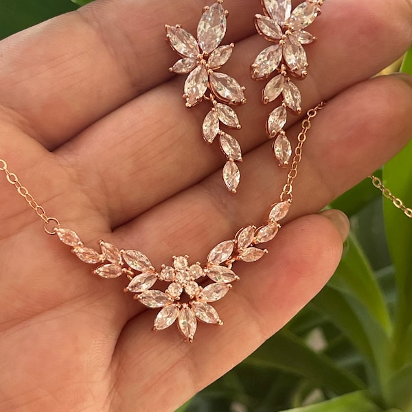 Rose gold silver  wedding  bridal necklace earrings jewellery set jewelry zircon jewellery bridesmaid bridal jewelry necklace bridal set