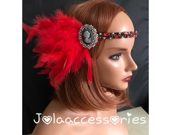 Black silver red  Great Gatsby 1920s headband Tiara Art Deco headpiece wedding bridal headband Great Gatsby flapper hair accessories wedding