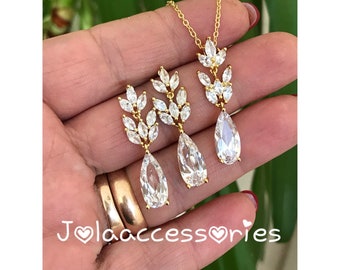 Conjunto de joyería nupcial con collar y pendientes de circonita cúbica dorada para boda, joyería de circonita, collar y pendientes para dama de honor, estilo Art Deco.