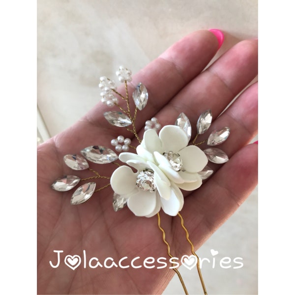 Gold light ivory flower hair pin pearl hairpiece bridal hair pin wedding hair piece grecian hair pin bohemian gold pearl hair pin hair comb