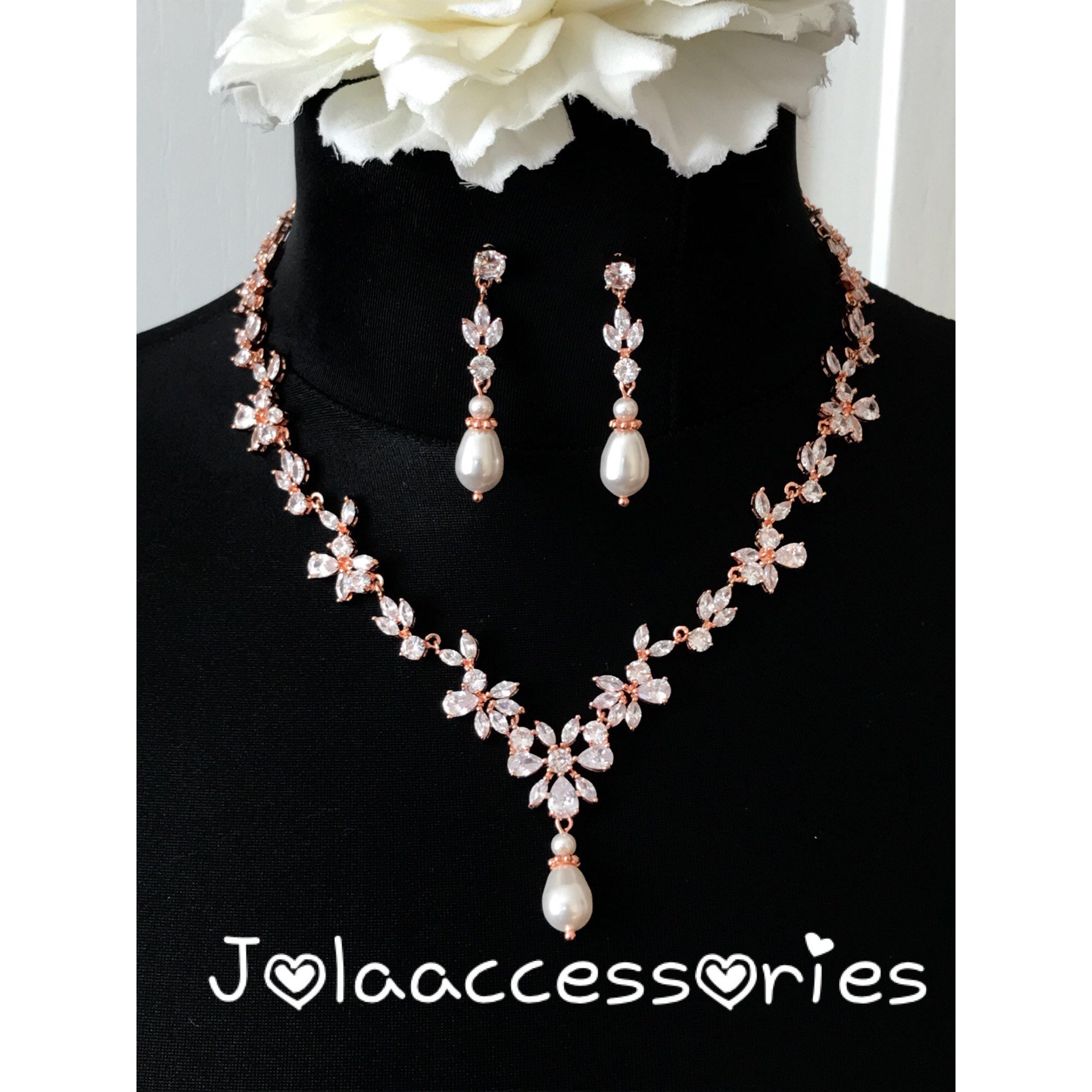 Swarovski pearl rose gold wedding bridal necklace earrings jewellery set  jewelry bride jewellery bridesmaid bridal jewelry necklace earrings