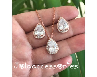 Pendientes y collar de dama de honor en oro rosa, pendientes colgantes de circonita, collar, joyería nupcial, pendientes de boda, joyería de circonita para graduación.