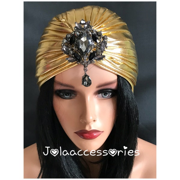 Gold black rhinestone diamante turband great gatsby 1920s headpiece flapper Art Deco fascinator vintage style gold turban