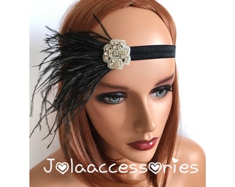 Silver black 1920s headband  silver black headpiece flapper fascinator Art Deco wedding flapper gatsby headpiece silver black feather fascin