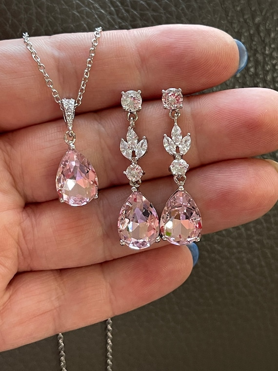 Light pink blush jewelery set wedding bridal necklace earrings jewellery set jewelry zircon blush earrings bridesmaids bridal jewelry