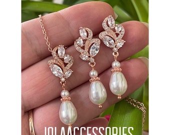 Swarovski Perle Cubic Zirconia Hochzeit Ohrringe Halskette Roségold Perlenohrringe Schmuckset Ohrringe Rosagold Hochzeit Brautjungfer