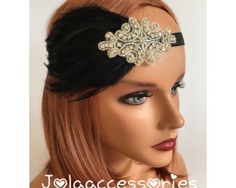 Silver black 1920s headband  silver black headpiece flapper fascinator Art Deco wedding flapper gatsby headpiece silver black feather fascin