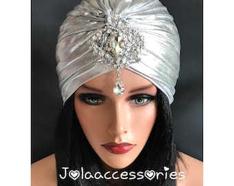 Silver rhinestone diamante turband great gatsby 1920s headpiece flapper Art Deco fascinator vintage style silver turban