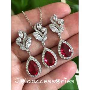 Garnet red  bridal earrings necklace jewelry set wedding bridal earrings teardrop bridesmaid Art Deco gatsby wedding zirconia bride