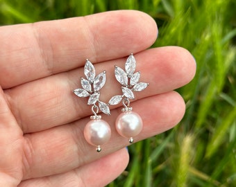 Blush pink Swarovski pearl cubic zirconia wedding earrings rose gold  pearl earrings bridal earrings silver jeweller wedding  earrings bride