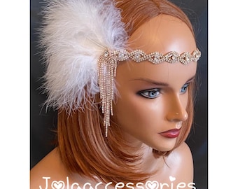 White rose gold Great Gatsby 1920s headband Tiara Art Deco headpiece wedding bridal headband Great Gatsby flapper hair accessories wedding