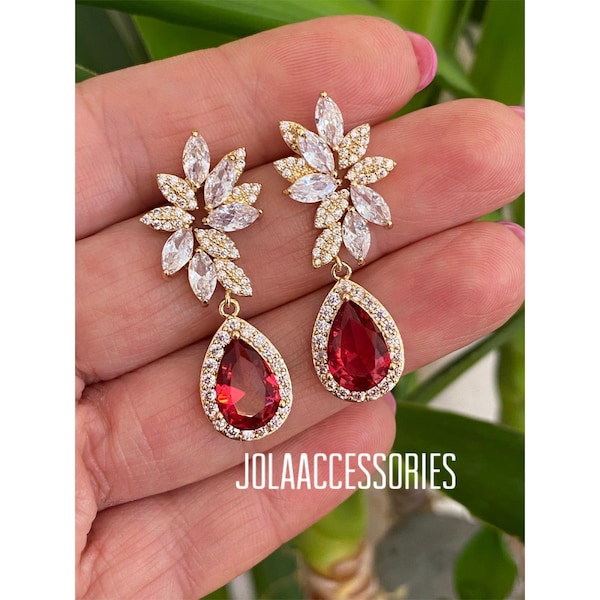 Ruby red gold bridal ruby earrings pink gold wedding earrings zirconia drop earrings halo earrings wedding jewellery bridesmaid dangle