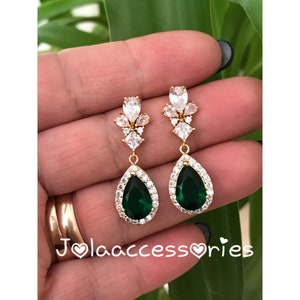 gold bridal emerald earrings yellow gold wedding earrings zirconia drop earrings halo earrings wedding jewellery bridesmaid dangle earrin