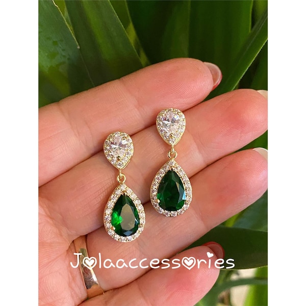 Zirconia gold emerald green bridal wedding earrings vintage style cubic zirconia earrings crystal  earrings bride jewellery Clip on earrings