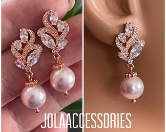 Blush pink Swarovski pearl cubic zirconia wedding earrings rose gold pearl earrings bridal earrings pink gold wedding earrings bridesmaid