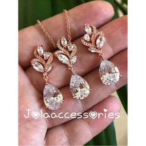 Rose gold bridal earrings jewelry set pink gold wedding earrings zirconia drop earrings halo earrings wedding jewellery bridesmaid necklace