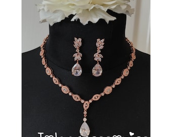 Conjunto de joyería nupcial con circonita cúbica en oro rosa para boda, collar, pendientes, joyas para novia, collar para dama de honor