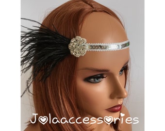 Silver black 1920s headband  silver black headpiece flapper fascinator Art Deco wedding flapper gatsby headpiece silver black feather fascin