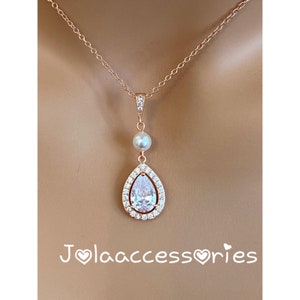 Rose gold Swarovski pearl jewelry pink gold necklace cubic zirconia jewellery bridesmaid necklace bridal necklace dangle necklace prom Uk