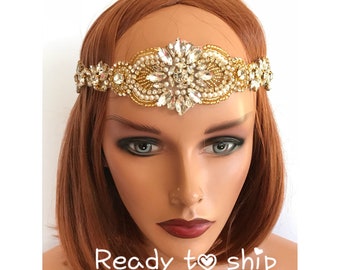 gold Great Gatsby 1920s headband Tiara Art Deco headpiece wedding bridal headband Great Gatsby flapper hair accessories Charleston headpiece