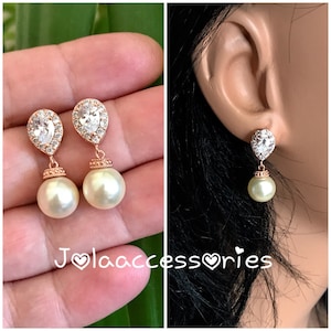 Rose gold cream Swarovski pearl bridal earrings pink gold wedding earrings zirconia drop earrings halo earrings wedding jewellery bridesmaid