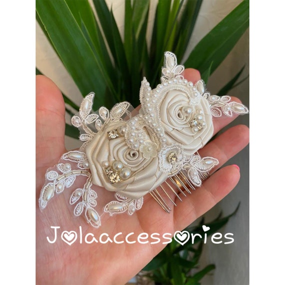 Bridal Hair Piece - champagne, beaded, crystals Champagne Pearl Bridal Hair Tiara, Crystal Rhinestone Hair  main image 3