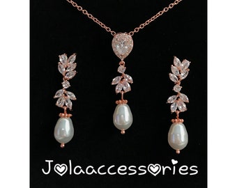 Swarovski pearl cubic zirconia wedding earrings necklace rose gold pearl earrings bridal earrings jewellery set wedding earrings bridesmaid