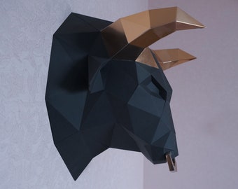 Bull trophy. Low poly paper sculpture printable DIY pdf papercraft template