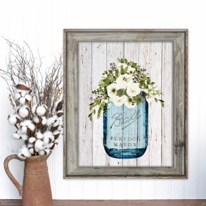 SALE-White Glory Bouquet In Vintage Mason Jar On Barn Wood-Wall Art-Home Decor-Gallery Wall-Modern Farmhouse Wall Decor