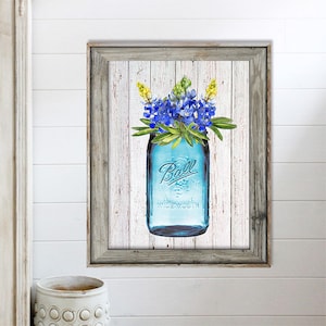 SALE-Blue Bonnets In Vintage Mason Jar On Barn Wood-Wall Art-Home Decor-Gallery Wall-Modern Farmhouse Wall Decor