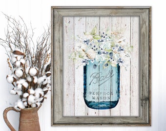 SALE-Snow Thistle Bouquet In Vintage Mason Jar On Barn Wood-Wall Art-Home Decor-Gallery Wall-Modern Farmhouse Wall Decor