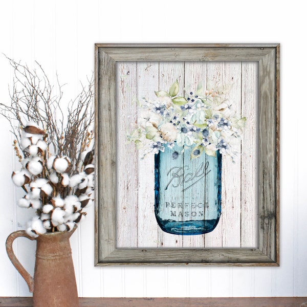 SALE-Snow Thistle Bouquet In Vintage Mason Jar On Barn Wood-Wall Art-Home Decor-Gallery Wall-Modern Farmhouse Wall Decor