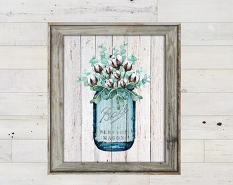 SALE- 11X14 -Cotton Stems And Eucalyptus In Vintage Mason Jar On Barn Wood-Wall Art-Home Decor-Gallery Wall-Modern Farmhouse Wall Decor