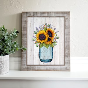 SALE- 11X14 -Sunflowers 2 In mason Jar On Barn Wood-Wall Art-Home Decor-Gallery Wall-Modern Farmhouse Wall Decor