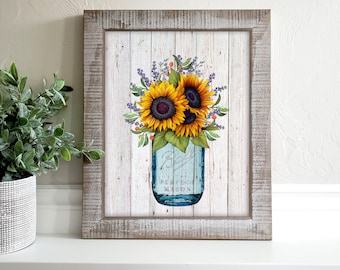 SALE- 11X14 -Sunflowers 2 In mason Jar On Barn Wood-Wall Art-Home Decor-Gallery Wall-Modern Farmhouse Wall Decor