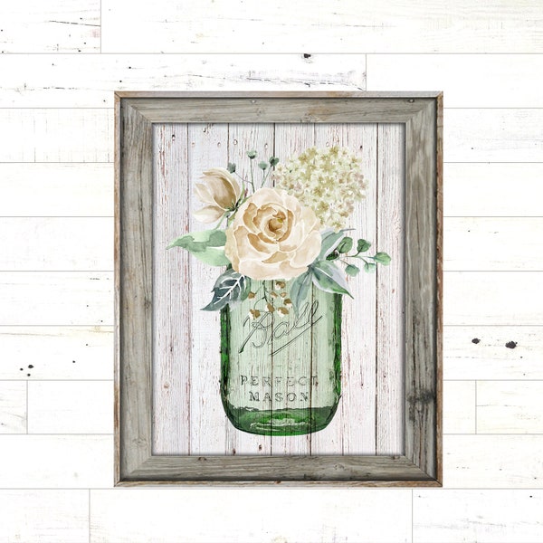 SALE-Cream Flowers In Green Vintage Mason Jar On Barn Wood-Wall Art-Home Decor-Gallery Wall-Modern Farmhouse Wall Decor