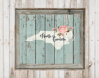 SALE 11X14 -Farmhouse Barn Wood North Carolina State With State & Flowers Print-Wall Art-Home Decor-Gallery Wall-Typography-Home