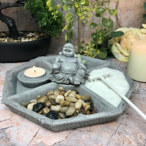 Kit de jardín zen Mini espacio de meditación y relajación de Buda Juego completo con arena, rastrillo, vela y decoración imagen 1