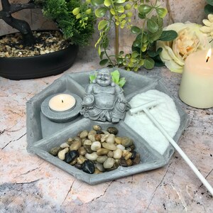 Kit de jardín zen Mini espacio de meditación y relajación de Buda Juego completo con arena, rastrillo, vela y decoración imagen 5