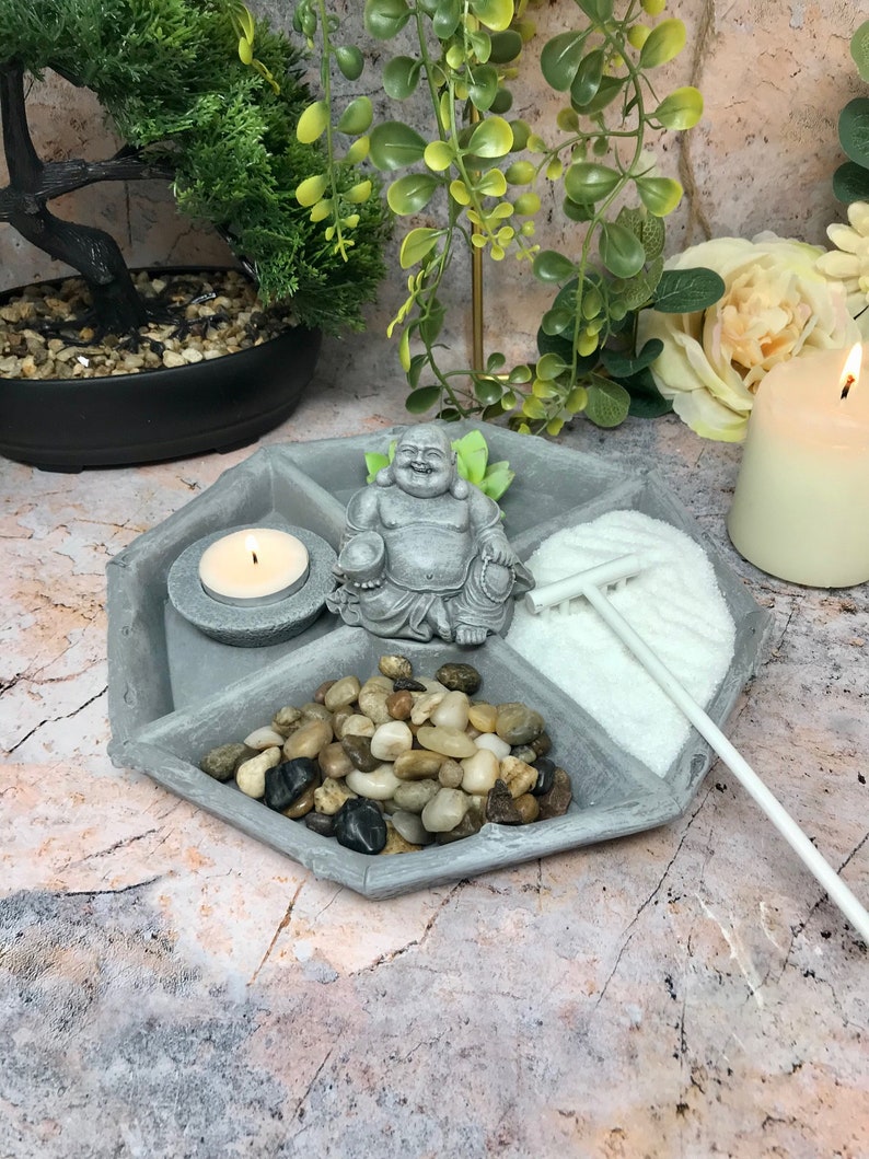 Kit de jardín zen Mini espacio de meditación y relajación de Buda Juego completo con arena, rastrillo, vela y decoración imagen 5