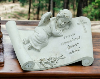 Angel Memorial Resin Stone, Heartfelt Grave Tribute Plaque, Cherished Memory Keepsake, Engraved Angel Sculpture Graveside Marker