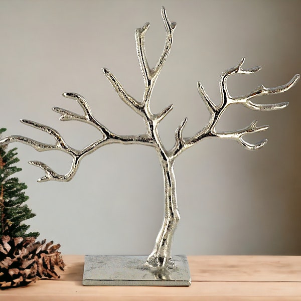 Arbre à bijoux élégant en aluminium argenté, organiseur moderne pour accessoires, support de collier en métal élégant, présentoir chic pour bagues et bracelets