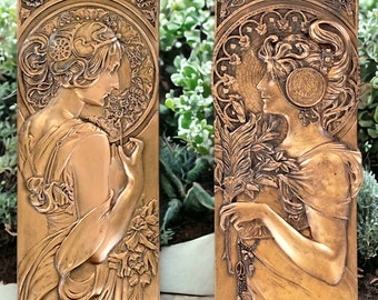 Pair of Art Nouveau Bronze Effect Wall Plaques, Mucha Style Decor, Elegant Sculptural Artwork, Vintage Wall Hangings, Feminine Design Accent