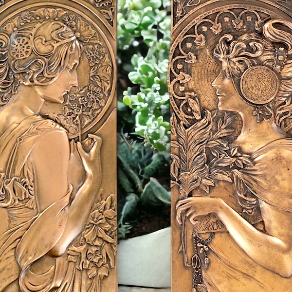 Pair of Art Nouveau Bronze Effect Wall Plaques, Mucha Style Decor, Elegant Sculptural Artwork, Vintage Wall Hangings, Feminine Design Accent