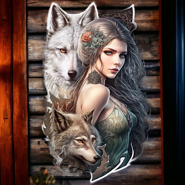 Mystical Wolf and Maiden Metal Wall Sign - Enchanting Forest-Themed Art, Perfect for Home Decor and Fantasy Enthusiasts